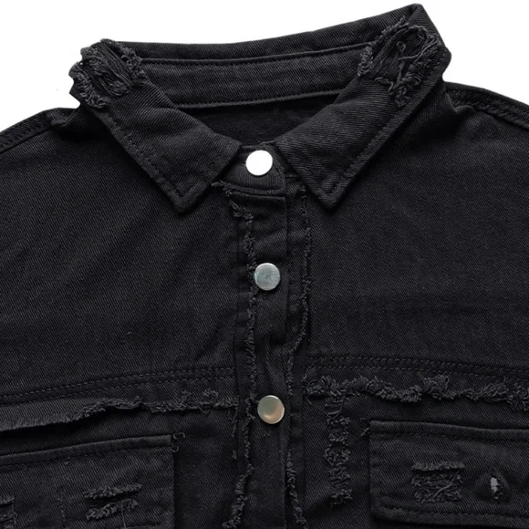 Distressed Black Denim Jacket Sz 14 - Picture 4 of 11